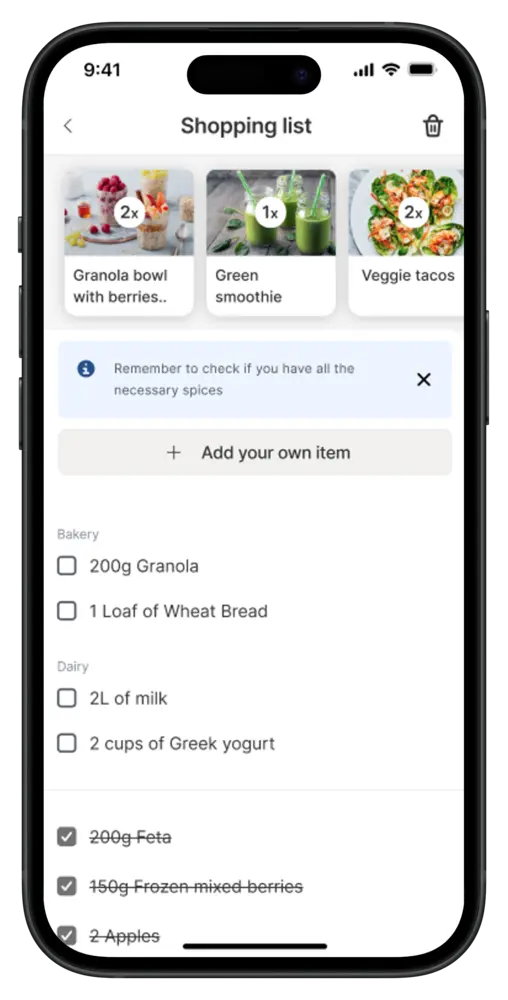 Shopping list screen in the app