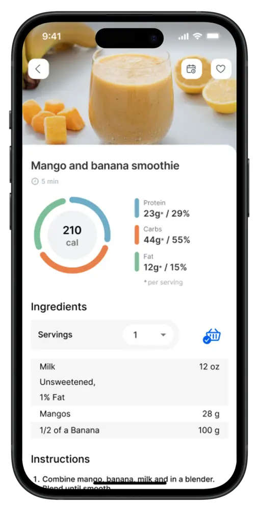 Recipe screen in the app showing a smoothie with its macros