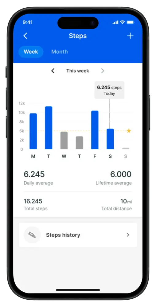 Weekly steps chart in the app