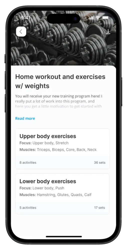 Workout screen in the app with upper and lower body sessions