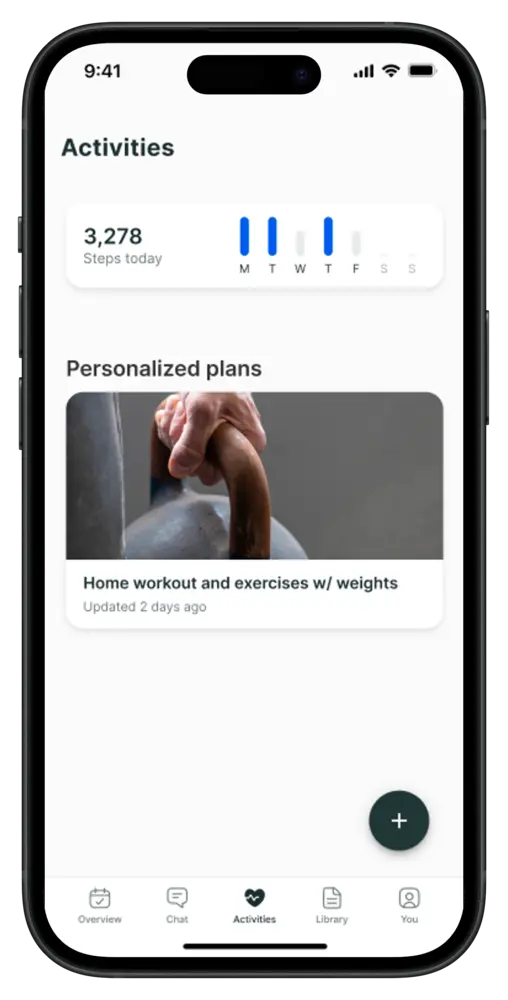 Activities screen in the app with personalised plans