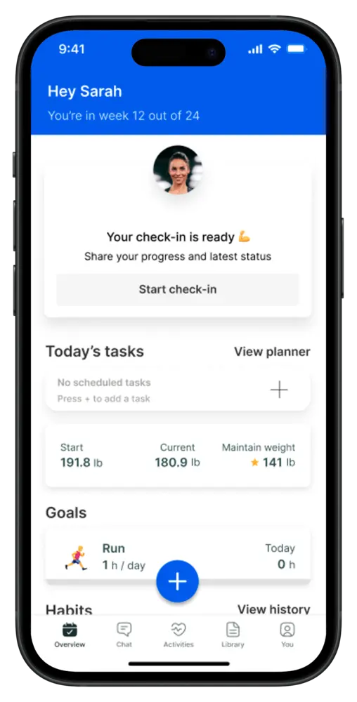 Overview screen in the app with a check-in ready to start