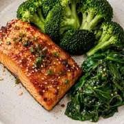 Glazed salmon with greens
