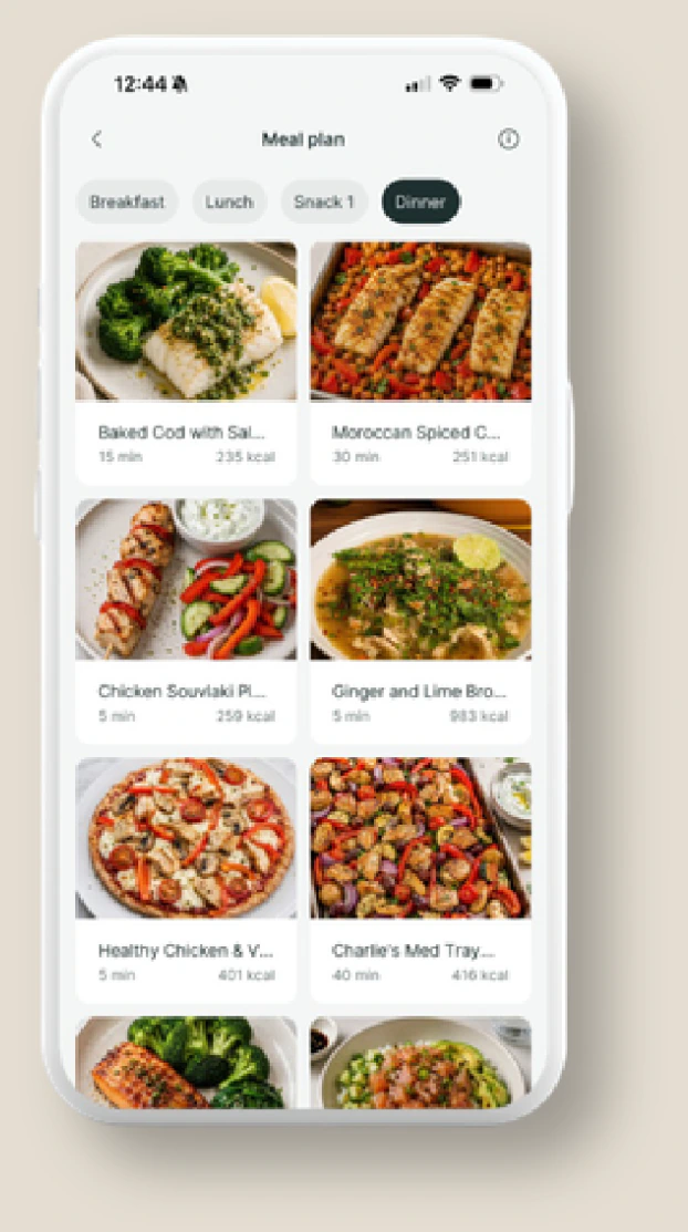 The meal plan screen in the app, showing the week's dinner recipes